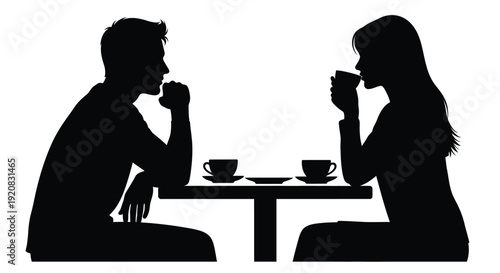 Couple sharing coffee at a table a distinct black silhouette