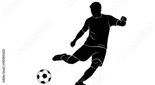 Dynamic vector silhouette capturing a male athlete in mid-action, expertly striking a soccer ball with powerful force, embodying competitive spirit and an active lifestyle illustration