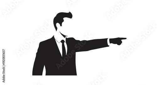 Striking vector illustration of a professional businessman pointing forward decisively, symbolizing clear direction, leadership, and bold action in a modern corporate context