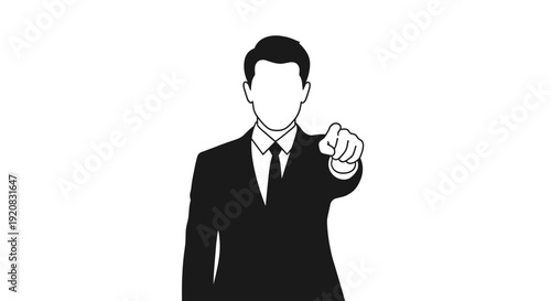 Striking vector graphic of a commanding business professional in a suit pointing forward, symbolizing decisive direction, important selection, and direct engagement