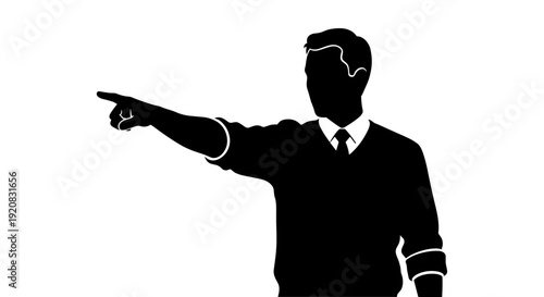 Professional man's silhouette in a crisp vector illustration, clearly pointing left with a decisive gesture, signifying direction, instruction, or a specific call to action