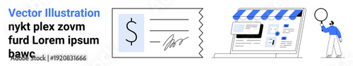 Check with signature, e-commerce storefront laptop, and person holding magnifying glass. Ideal for fintech, online shopping, business planning, marketing, analytics, commerce simple landing page
