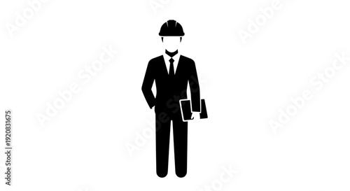 Minimalist vector icon depicting a skilled professional engineer, architect, or construction foreman in a hard hat and suit, carrying a tablet for modern industry and detailed project execution