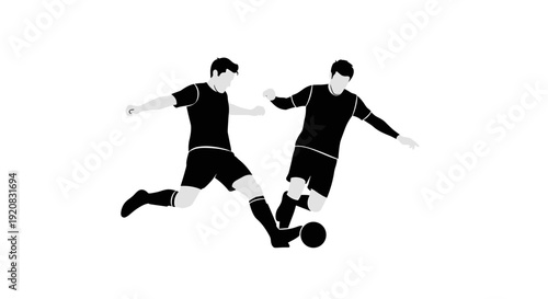 Dynamic vector art of two soccer players competing for a football, showcasing a powerful kick and strategic tackle, symbolizing sportsmanship