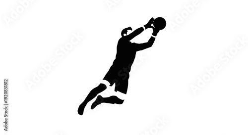 Silhouette of a goalkeeper catching a ball in a dynamic pose, a clean vector graphic for sports and action illustrations