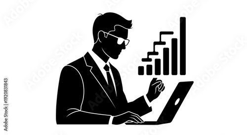 Professional business man in suit using laptop with rising bar graph chart vector illustration, symbolizing financial growth, success, and data analysis insights for modern corporate environments