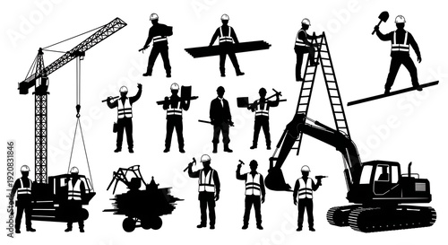 Wallpaper Mural Construction Workers and Heavy Machinery Silhouettes. Torontodigital.ca