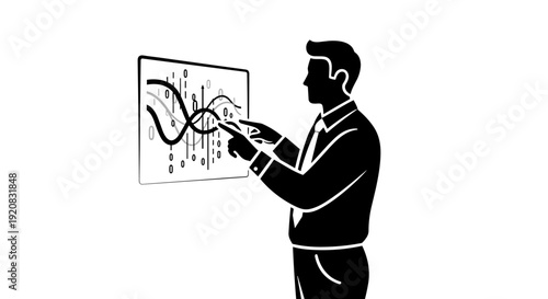 Man Interacting with a Digital Screen Displaying a Financial Data Vector Analysis, Visualizing Growth Trends and Market Fluctuations