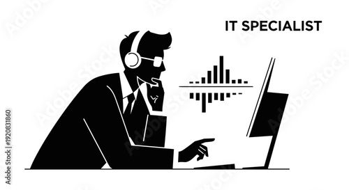 Vector illustration of an IT specialist wearing headphones and glasses working on a laptop with audio waves displayed on screen, representing remote work and digital communication in technology