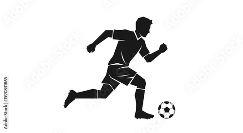 Dynamic vector illustration of a male soccer player in action, mid-stride, kicking a ball on a white background, representing sport and athleticism