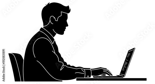 Professional man intensely engaged with his laptop, a dynamic vector illustration capturing modern office productivity, digital work, and focused dedication at a desk