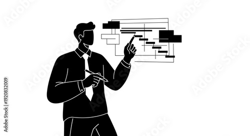 Vector illustration of a business professional outlining project workflow, visualizing strategic tasks, and optimizing processes for corporate efficiency and business success