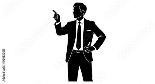 Dynamic vector illustration of a professional businessman in a sharp suit confidently pointing upwards, signifying direction, guidance, and future progress in a corporate context