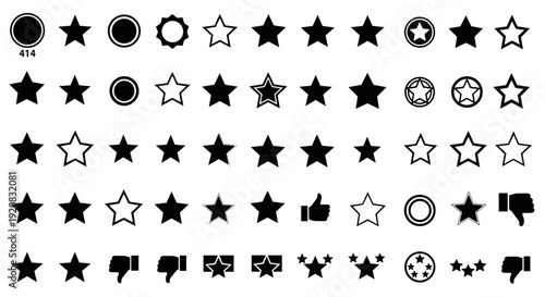 A vector collection of star shapes, including solid and outlined stars, and icons for rating and feedback, suitable for graphic design projects and user interfaces