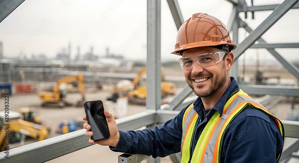 Obraz premium Construction Worker Using Smartphone on Site.
