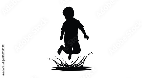 A joyful child leaps and splashes in water black silhouette