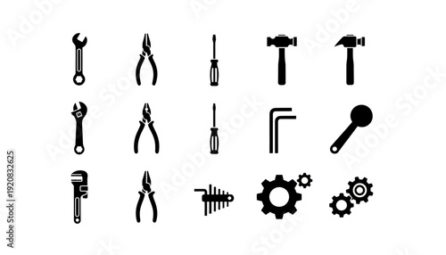 Collection of black icons representing various tools and mechanical parts.