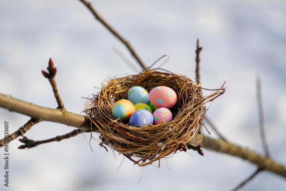 Obraz premium Colorful Easter eggs are arranged in a nest made of dry straw. The nest is sitting on a tree branch. This scene takes place during springtime, capturing a festive vibe.