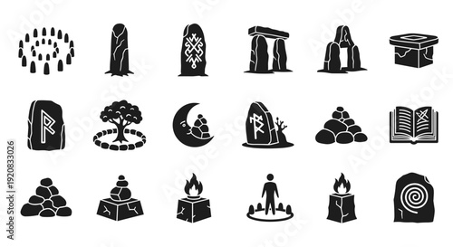 Black and white icons of various spiritual and mystical symbols
