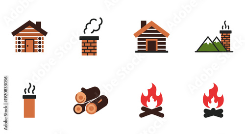 Vector icons of cabins and fire related elements
