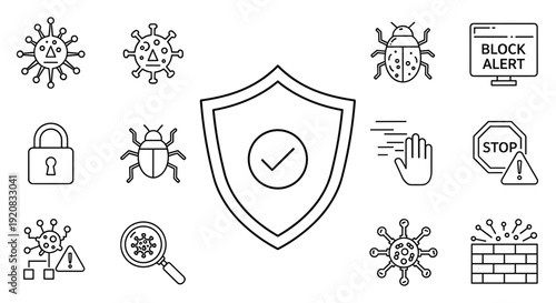 Security icons set with shield and bug symbols