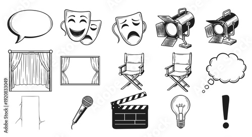 Film and theater icons set with various symbols and objects