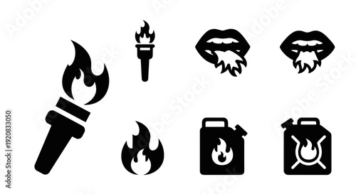 Black silhouette icons of fire and flammable symbols