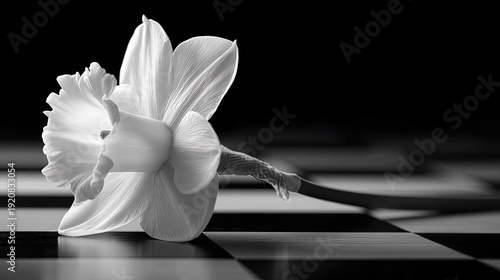 Single daffodil blossom rests horizontally upon a reflective checkered surface against a dark background