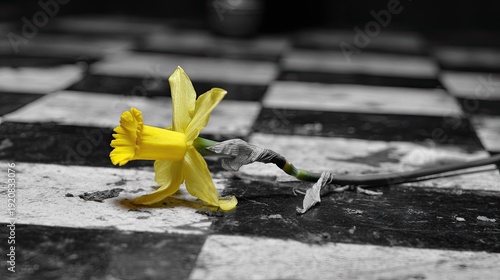 Single yellow flower rests upon a desolate black and white checkered surface