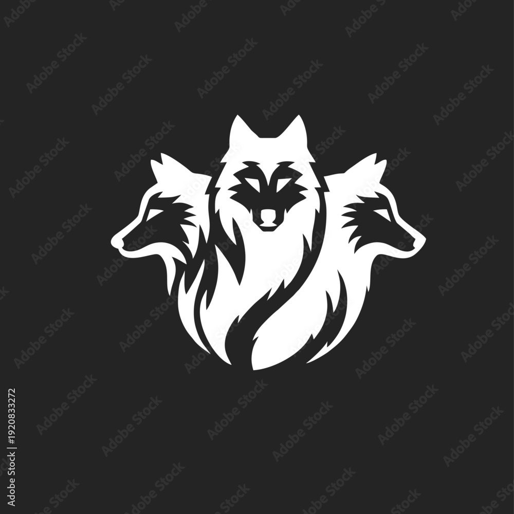 Fototapeta premium Three Aggressive Wolf Heads Logo in Minimalist Vector Style