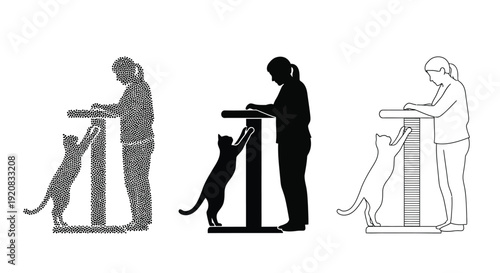 Woman interacting with a cat shown in varying styles silhouette