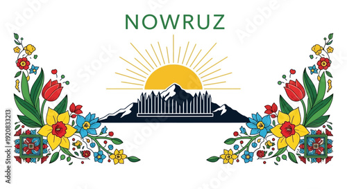 Flat design illustration of a mountain cityscape with sunburst, surrounded by colorful floral patterns and traditional folk elements, celebrating Nowruz or Persian New Year on a white