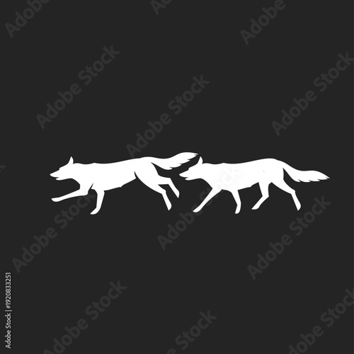 Two White Wolf Silhouettes Running and Walking on Black Background - Minimalist Animal Illustration