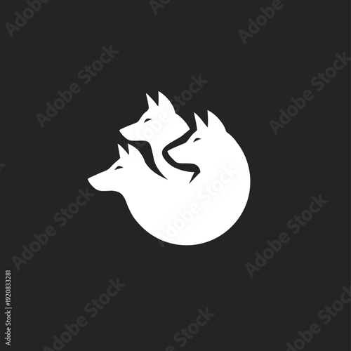 Three Stylized White Wolves or Foxes Heads Forming a Circular Emblem on a Dark Background, Minimalist Animal Graphic Design for Logo or Symbolism
