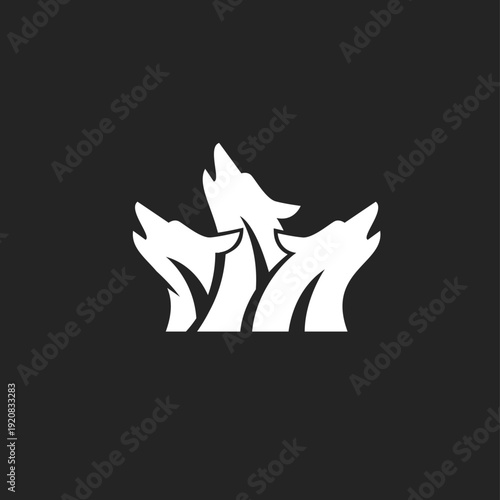 Three Howling Wolf Heads Logo Silhouette on Black Background