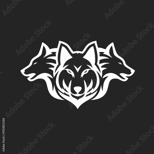 Stylized Three White Wolf Heads Logo Design on Black Background