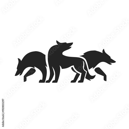 Three Stylized Black Wolf Silhouettes in a Pack Formation - Modern Animal Logo Concept