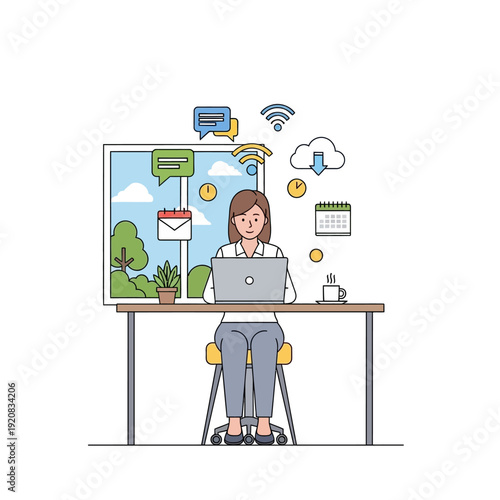 Woman working on laptop at desk with communication icons.