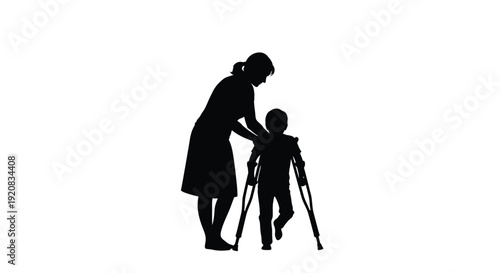 Mother assisting child with crutches a stark black silhouette