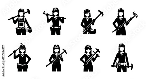 Wallpaper Mural Set of Construction Worker Silhouettes with Tools. Torontodigital.ca