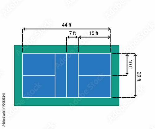 Official pickleball court dimensions vector with accurate layout, non-volley zone, service areas, and net position. Clean top view blueprint ideal for sports infographics and training materials.