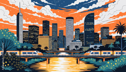 Houston skyline vector with river and train, ideal for city promotions, travel brochures, and urbanthemed designs showcasing the vibrant cityscape.