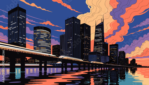Houston skyline vector art with a train moving through the vibrant cityscape. Great for city guides, travel websites, and urbanthemed designs.