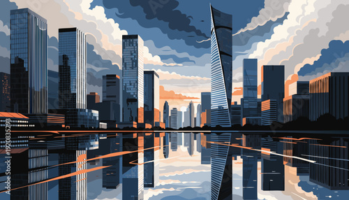 Houston skyline vector illustration with cityscape reflecting in water and cloudy sky. Ideal for texas travel brochures or citythemed designs.