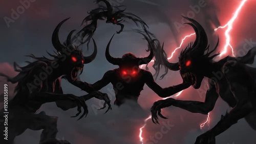 Dark Demons Swirling in Storm with Lightning, Spooky Horror Scene