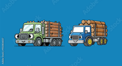 Two cartoon trucks carrying logs on a blue background.