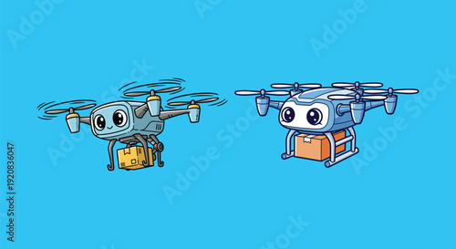 Cartoon drones with baskets flying against blue background.