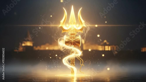 Golden Trishul Trident with Damaru Drum and Om Symbol, Divine Energy