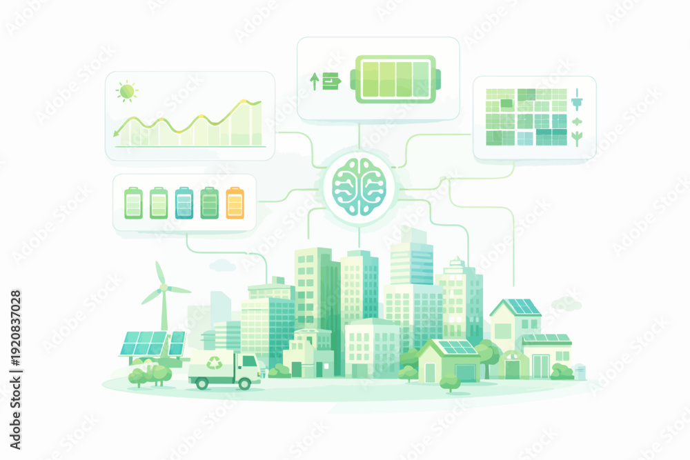 Naklejka premium Smart City Management with Artificial Intelligence for Green Energy and Sustainable Urban Development