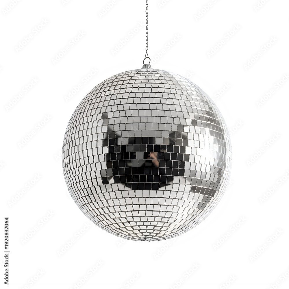 Fototapeta premium Sparkling silver disco ball on white background, reflective mirror sphere for party decor, hanging glitter ball for nightclub and dance events